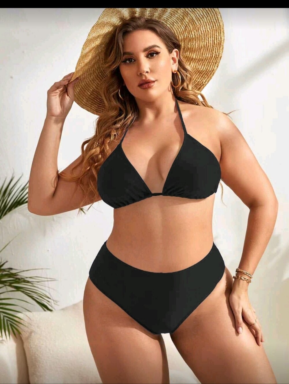 Swim Basics 2 Piece Bikini Halter Triangle Top & High Waist Bottoms, 1XL , Black